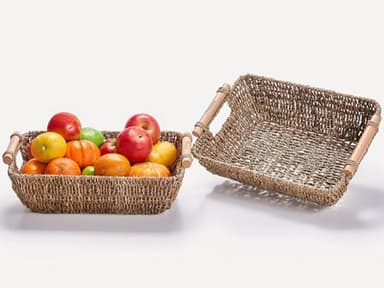 Storage Basket Hand-Woven Large Storage Baskets with Wooden Handles, Seagrass Wicker Baskets for Organizing, 2-Pack - Image 1