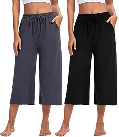 ASIMOON Womens Capri Pants Wide Leg Lounge Pants Loose Comfy Drawstring Lounge Pajama Yoga Capris with Pockets for Women - Image 1