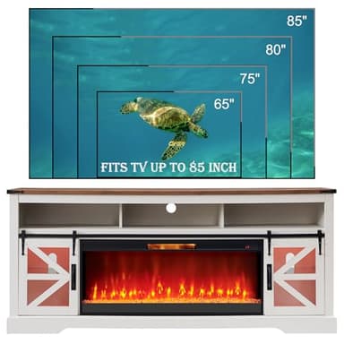 OKD Fireplace TV Stand for 85" TV, 33" Tall Highboy Farmhouse Entertainment Center w/ 42'' Electric Fireplace & LED Light, Rustic Media Console w/Sliding Barn Door for Living Room, Antique White - Image 6