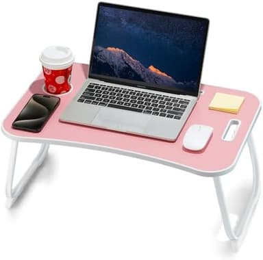 ZEAPTAC Laptop Bed Desk, Foldable Lap Desk, Portable Lap Table, Laptop Stand with Cup Holder & Tablet Slot & Lifting Handle for Working Writing Drawing & Eating - Pink - Image 3