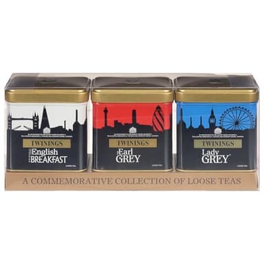 Twinings London Skyline Red, White, & Blue Commemorative Collection of Loose Leaf Teas, Limited Edition Gift Set, 100g Tins (Pack of 3), Original English Breakfast, The Earl Grey, & Lady Grey Tins - Image 1