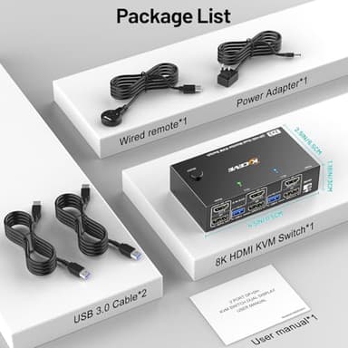 4K@144Hz KVM Switch 2 Monitors 2 Computers 8K@60Hz, MLEEDA HDMI and Displayport Dual Monitor KVM Switch with 4 USB 3.0 Port for Keyboard Mouse Printer, with Wired Remote, Power Adapter and USB Cables - Image 9