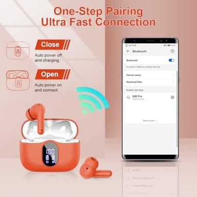 Wireless Earbuds, Bluetooth 5.4 Headphones Bass Stereo, Ear Buds with Noise Cancelling Mic LED Display, IP7 Waterproof in Ear Earphones, 36H Playtime for Laptop Pad Phones Sports Workout, Orange(2025 - Image 5
