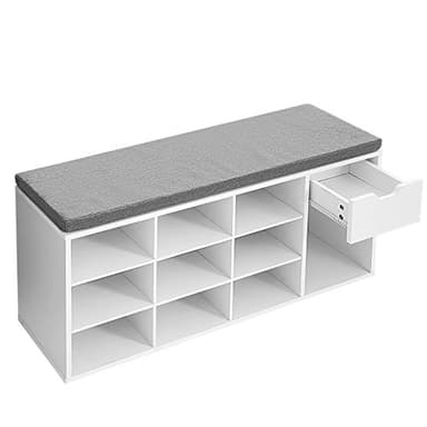 VASAGLE Storage Bench, Entryway Bench with Cushion, Drawer and Open Compartments, Bench with Storage, for Living Room, Bedroom, Closet, White and Gray ULHS24WT - Image 5