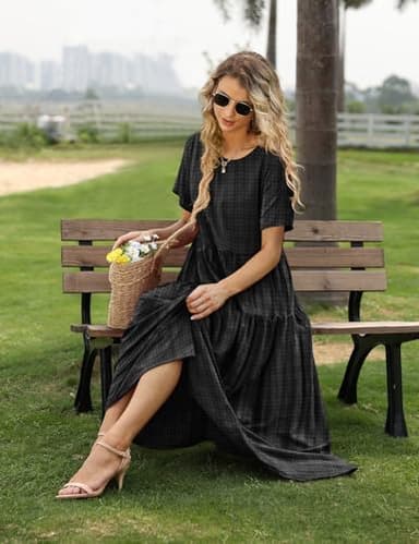 YESNO Women Casual Loose Bohemian Floral Dress with Pockets Short Sleeve Long Maxi Summer Beach Swing Dress (M EJF Solid C Black) - Image 2