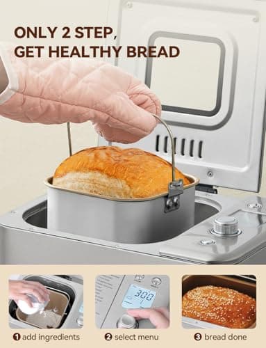 Neretva Bread Maker, 20-IN-1 2LB Bread Machine Dual Heater Bread Maker Machine Automatic with Nonstick Ceramic Pan, 15H Timer & 1H Keep Warm Set, Low Noise, Stainless Steel Breadmaker Recipe-Silver - Image 4