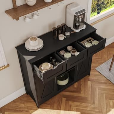 Viaozutis Storage Cabinet, Coffee Bar Cabinet with 2 Adjustable Shelves, 3 Drawers, and 2 Doors, for Bathroom, Kitchen, Living Room (Black) - Image 5