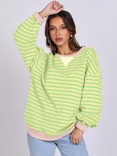 ANRABESS Women Striped Sweatshirts Oversized Crewneck Long Sleeve Shirts Y2K Pullover Top 2025 Fall Outfits Fashion Clothes Light Yellow Green Large - Image 4