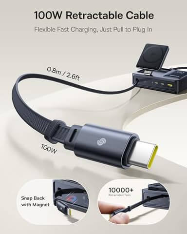 Baseus Nomos 5-in-1 Charging Station 140W, Qi2 Certified 15W Magnetic Wireless Charger with 100W Retractable Cable, GaN Fast USB C Desktop Charger for Magsafe, iPhone 16/15 Pro Max, MacBook Pro - Image 5