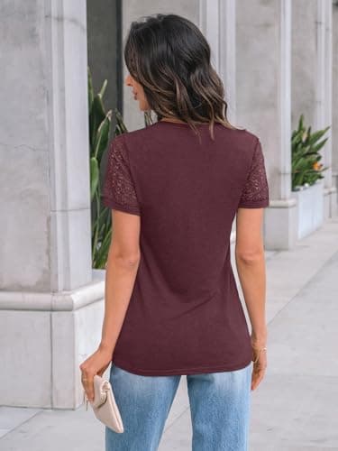 AUTOMET Women's Short Sleeve Shirts Dressy Lace Summer Tops 2025 Spring Trendy Casual T-Shirts Cute Work Outfits Blouses WineRed M - Image 4