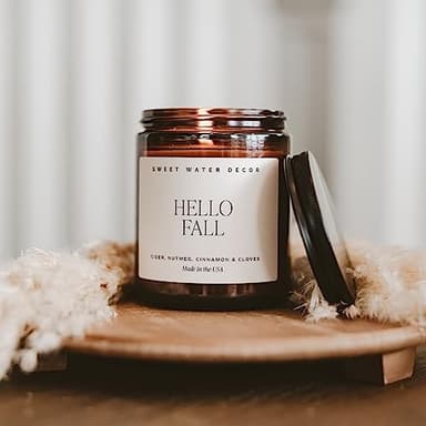 Sweet Water Decor Hello Fall Soy Candles - Fall Candle with Hot Cider, Cinnamon, Cloves, and Nutmeg Scent for Home - Soy Candle with 40 Hours Burn Time - 9Oz Black Lid Amber Jar Candles Fall Scents - Image 4