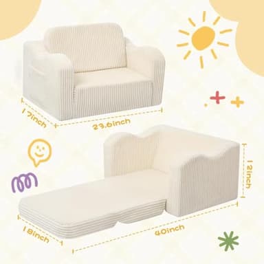 MeMoreCool Toddler Chair Comfy for 1-3 Years Old, Corduroy Kids Couch Bed Fold Out, 2-in-1 Foldable Baby Lounge Chair, Pull Out Children Sofa Bed, Beige - Image 2