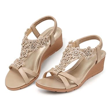 TEMOFON Womens Sandals Wedge Low: Summer Open Toe Wedges - Dressy Casual Beach Platform - Comfortable Elastic Ankle Strap Sandal Nude Size 7 - Image 6