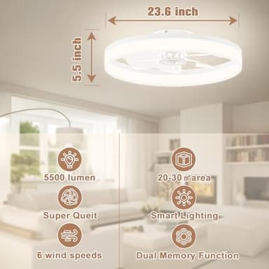 VOLISUN Low Profile Ceiling Fans with Lights and Remote, 23.6in Flush Mount Ceiling Fans with Light, 3000K-6500K Dimmable Fandelier LED Fan Lights, Bladeless Ceiling Fan with Light for Bedroom(White) - Image 6