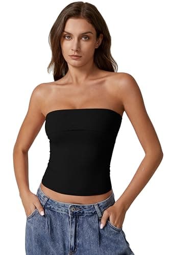 QINSEN Tube Tops for Women Off Shoulder Strapless Crop Tops Foldover Going Out Bustier Tops Black M - Image 5