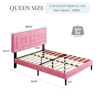 CXVX Queen Size Bed Frame with Headboard, Platform Bed Frame with Velvet Upholstered Button Tufted Headboard, Wood Slats Support, No Box Spring Needed, Mattress Foundation, Easy Assembly, Pink - Image 2