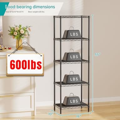 SINGAYE Metal Shelves Wire Shelving：Storage Rack Standing Units Shelf for Kitchen Laundry Bathroom Closet Organizers Pantry Narrow Mesh Adjustable 10" D x 16" W x 55" H Black - Image 3