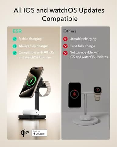 ESR Qi2 3 in 1 Wireless Charging Station, [Certified] Apple Watch Charger & 15W Qi2 MagSafe Charger Stand for iPhone, Wireless Charger for Multiple Devices iPhone 17/16/15/14/13&Watch&AirPods,Black - Image 5