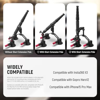 NEEWER Triple Suction Cup Car Mount Kit with 2in1 Extension Pole/Selfie Stick, Quick Release Outside Windshield Magic Arm Camera Mount with Action Camera Adapter Compatible with GoPro Insta360, CA065 - Image 2