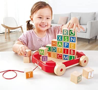 Hape: Pull-Along Cart with Stacking Blocks - Wooden Toy, ABC Letter Blocks, Load Into String Trailer & Take Along, Indoor/Outdoor, Kids Toddler Ages 2+ - Image 2