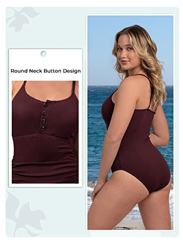 Ribbed One Piece Swimsuits for Women Button up Swimwear Tummy Control Retro Bathing Suits Wine Red Medium - Image 2