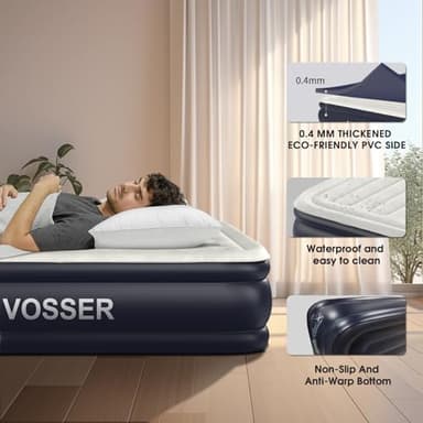 VOSSER Air Mattress Queen with Built in Pump,18'' Inflatable Mattress of Vertical Beams,Self Inflatable/Deflation Blow Up Mattress in 3 Mins,Flocked Top Airbed with Carry Bag for Home, Camping - Image 3