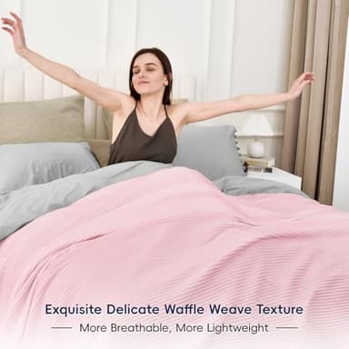 PHF Pre-Washed Cotton Waffle Weave Blanket King Size for Bed,Snag Proof Throw Blanket for Couch Spring Summer Lightweight Breathable,Oeko-TEX Certified,Machine Washable, Home Decor Gift，Pink - Image 7