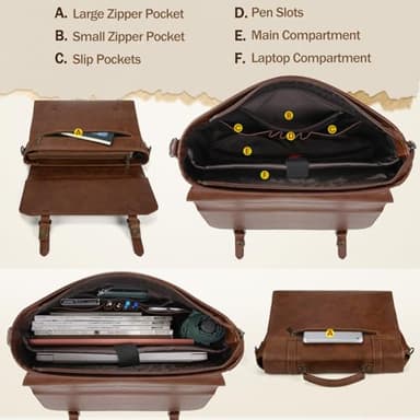 IGOLUMON Messenger Bag for Men 15.6 inch Vintage Leather Waterproof Laptop Briefcase Large Computer Laptop Bag Leather Satchel Bag Retro Shoulder Bag for Office Business Travel College, Brown - Image 3