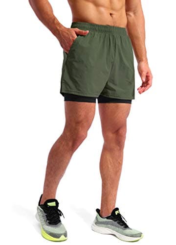 Pudolla Men’s 2 in 1 Running Shorts 5" Quick Dry Gym Athletic Workout Shorts for Men with Phone Pockets(Dark Green Large) - Image 3