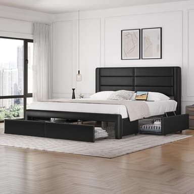 Yaheetech King Size Bed Frame with 2 USB Charging Station/Port for Type A&Type C/4 Storage Drawers, Leather Upholstered Platform Bed with Headboard/Solid Wood Slat Support/No Box Spring Needed/Black - Image 1