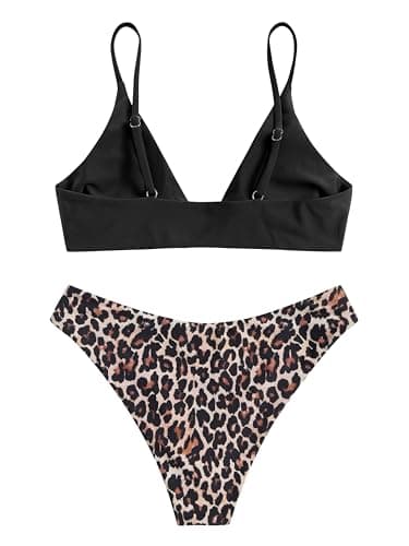 ZAFUL Women's Solid Spaghetti Strap Bralette Bikini Set Two Piece Swimsuit (1-Leopard Black, M) - Image 3