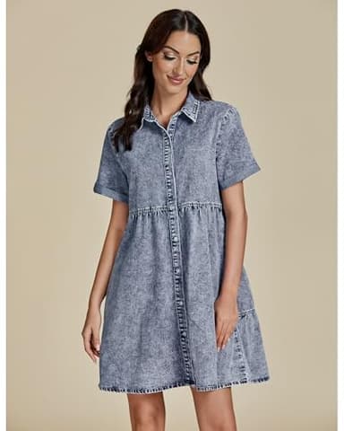 GRAPENT Formal Homecoming Short Dresses for Older Women Summer Cocktail 90s Jean Dress Outfit Button Down Denim Shirt Dress Bay Blue Size XL/ 16 - 18 - Image 3