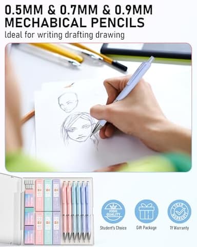 Nicpro 6PCS Pastel Mechanical Pencil Set, Cute Mechanical Pencils 0.5 mm & 0.7 mm & 0.9 mm with 360PCS HB Lead Refills, Eraser, Eraser Refill for Student Writing Drawing Sketching Drafting with Case - Image 7