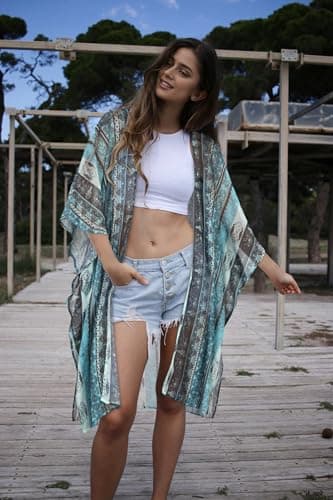 CHICGAL Resort Wear for Women 2025 Oversized Beach Cover up Summer Vacation Outfits(01-Blue Stripe Ethnic Print,M) - Image 7