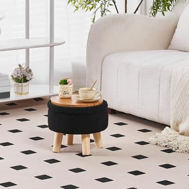 Wimarsbon Storage Ottoman, Modern Round Footrest with Soft Padded Seat, Teddy Velvet Footstool with Wood Legs, Accent Small Table or Plant Stand for Hallway, Living Room (Black) - Image 2