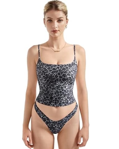 SUUKSESS Women Double Line Square Neck Tank Top Summer Going Out Tops Sleeveless Basic Cami Shirts (Grey Leopard, M) - Image 1