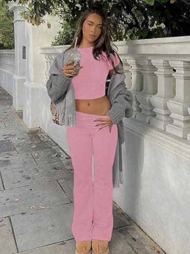 AYWA Women's 2 Piece Lounge Sets Short Sleeve Crop Top Foldover Flare Pants Casual Pajama Outfits (Pink, Large) - Image 3