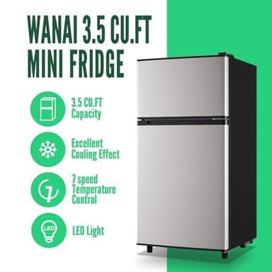 WANAI Mini Fridge with Freezer, 3.5 cubic feet 2- Doors Small Refrigerator Features 7 Gear Mechanical Control, Side Bottle Rack, Ideal for Dorm, Kitchen, Apartment, Office, Silver - Image 2