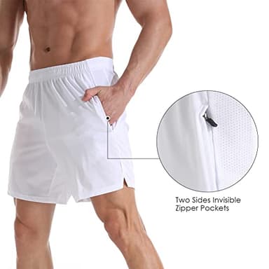 Gerlobal Men's 7" Athletic Running Shorts Lightweight Quick Dry Gym Workout Shorts with Zipper Pockets White,Medium - Image 3