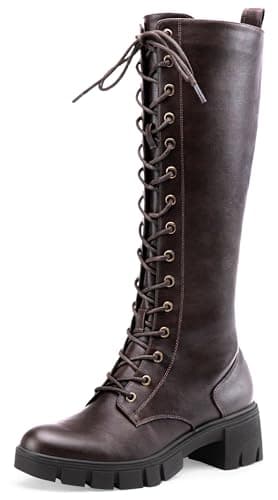 Jeossy Women's Knee High Combat 9603 Boots, Tall Platform Chunky Heel Boot with Lace, Synthetic Leather Long Comfy, Round Toe Boot with Zipper, Whisky, Size 9.5(DJY9603 Whisky 09.5) - Image 1