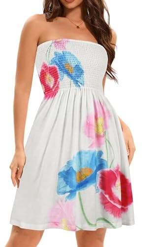 elescat Summer Dresses for Women Strapless Casual Beach Cover Ups Tube Top Sundress（White Lotus, L - Image 1