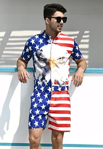 Men's Rompers Male Zipper Jumpsuit Shorts Flag Independence Day 4th of July One Piece Romper Slim Fit Bro Short Sleeve Shirt Outfits - Image 5