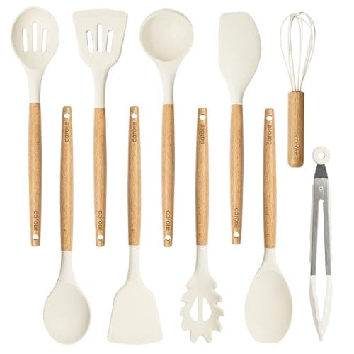 CAROTE Silicone Cooking Utensils Set, Kitchen Utensils Set 10 Pcs for cooking, BPA Free Spatula Set with Heat Resistant Wood Handles for Nonstick Cookware (Cream White) - Image 1