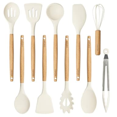 CAROTE Silicone Cooking Utensils Set, Kitchen Utensils Set 10 Pcs for cooking, BPA Free Spatula Set with Heat Resistant Wood Handles for Nonstick Cookware (Cream White) - Image 1