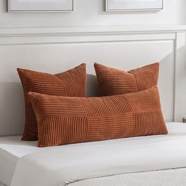 Fancy Homi 2 Packs Rust Boho Decorative Throw Pillow Covers 18x18 Inch for Couch Bed Sofa, Farmhouse Fall Home Decor, Soft Corss Corduroy Patchwork Textured Terracotta Accent Cushion Case 45x45 cm - Image 5