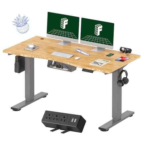 FLEXISPOT EN2 Whole-Piece Bamboo Standing Desk with Clamp Power Strip, 55 x 28 Electric Stand Up Height Adjustable Desk with Cable Management (Grey Frame + 55" Bamboo Top, 2 Packages) - Image 1
