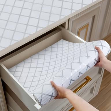 Shinlendid Drawer and Shelf Liner for Kitchen Cabinets, Non-Adhesive Strong Grip Cabinet Liners for Dressers, Durable Waterproof Anti Slip Cupboard Liner, White/Sliver, 23 in x 10 Feet - Image 1