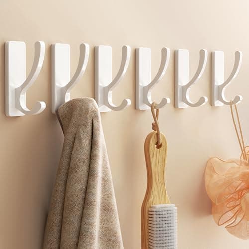 Adhesive Wall Hooks for Towels Coats - Stick On Hooks Hanging Heavy Duty (13lb), Metal Hook for Door, Bathroom, Dorm, Closet - Hanger for Purse, Bag, Robe,Backpack - No Damage to Wall - White 6 Pack - Image 1