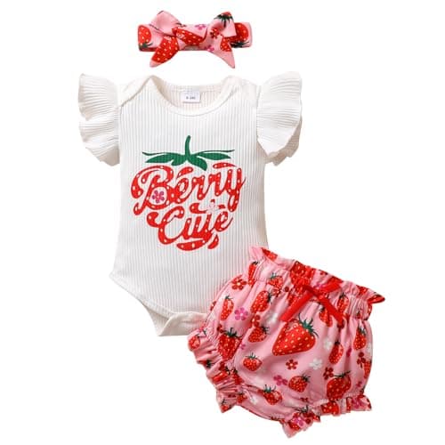 Tiny Cutey Baby Girl Clothes Infant Summer Outfits Set Ruffle Sleeve Romper and Floral Shorts with Headband (Strawberry romper shorts set,0-3 Months) - Image 1