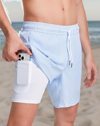 maamgic 2 in 1 Mens Swim Trunks 7 Inch Swim Shorts Swim Suits Board Shorts Blue Stripe-White Large - Image 8